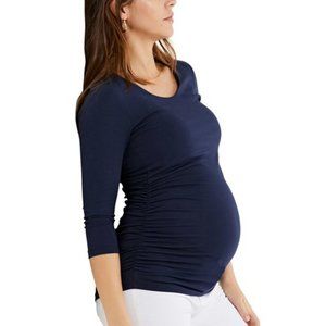 Luxe Side Ruched 3/4 Sleeve Maternity T Shirt-Navy Blue